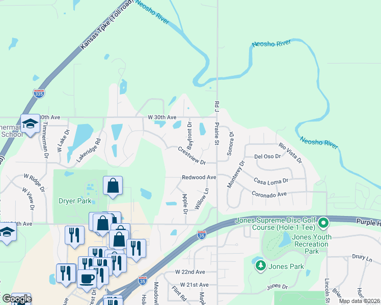 map of restaurants, bars, coffee shops, grocery stores, and more near 2800 Bayfront Drive in Emporia