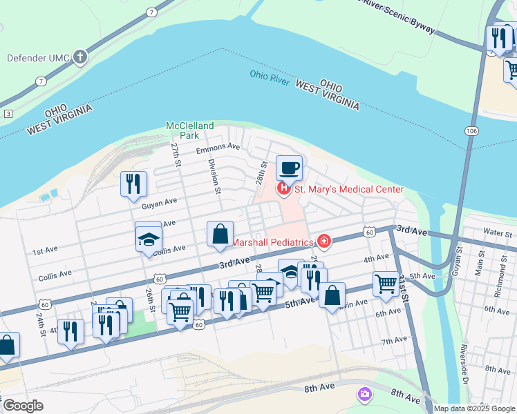 map of restaurants, bars, coffee shops, grocery stores, and more near 2811 1st Avenue in Huntington