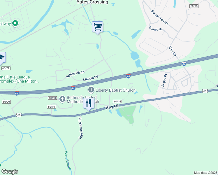 map of restaurants, bars, coffee shops, grocery stores, and more near 2419 Yates Crossing Road in Milton