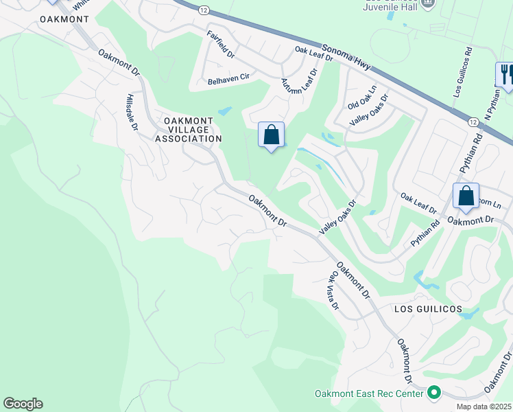 map of restaurants, bars, coffee shops, grocery stores, and more near 7119 Oak Mesa Drive in Santa Rosa