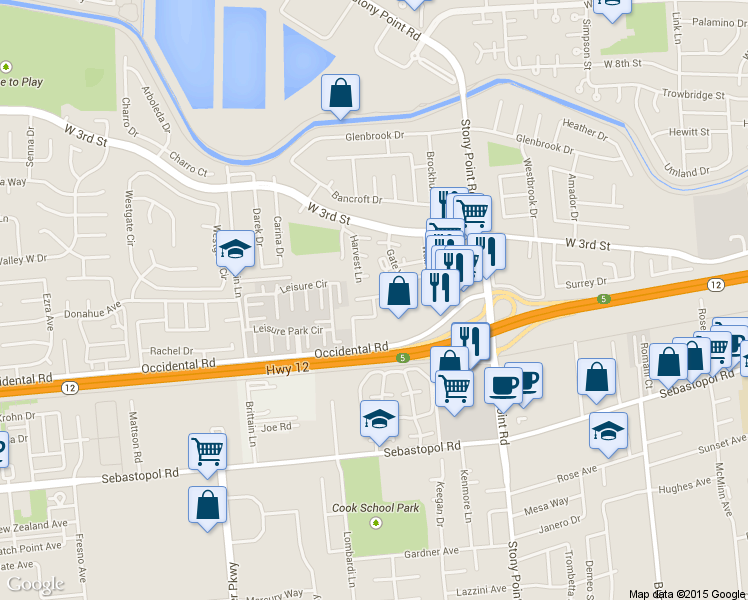 map of restaurants, bars, coffee shops, grocery stores, and more near 290 Harvest Lane in Santa Rosa