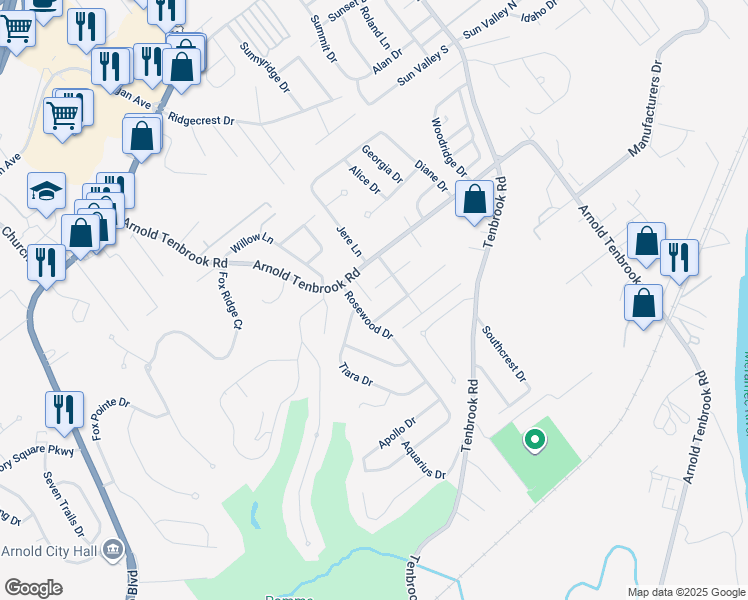 map of restaurants, bars, coffee shops, grocery stores, and more near 2738 Arnold Tenbrook Court in Arnold