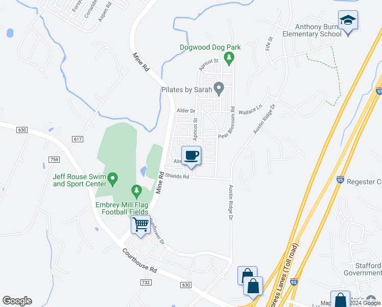 map of restaurants, bars, coffee shops, grocery stores, and more near 215 Apricot Street in Stafford