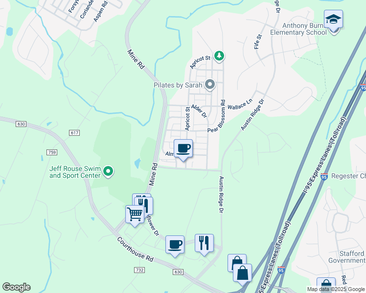 map of restaurants, bars, coffee shops, grocery stores, and more near 215 Apricot Street in Stafford