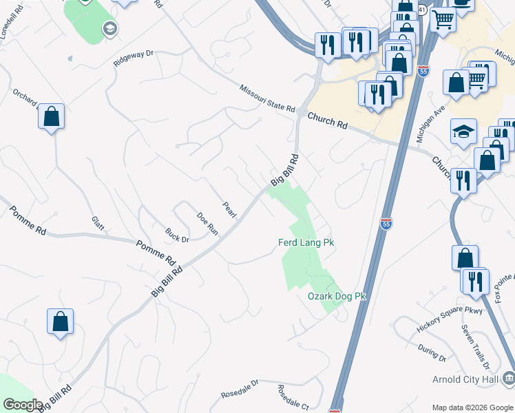 map of restaurants, bars, coffee shops, grocery stores, and more near 1862 Old Lemay Ferry Road in Arnold