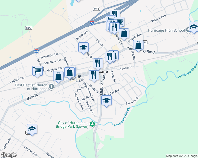 map of restaurants, bars, coffee shops, grocery stores, and more near 1806 Main Street in Hurricane