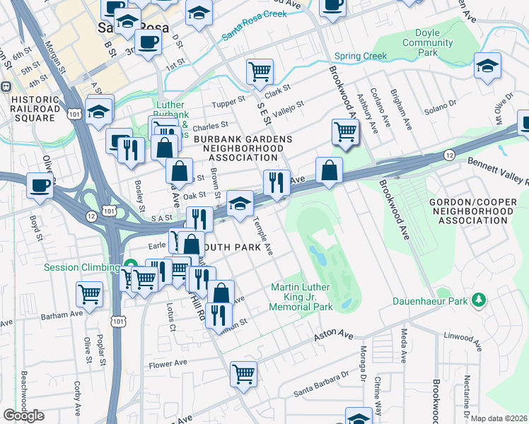 map of restaurants, bars, coffee shops, grocery stores, and more near 1014 Bennett Valley Road in Santa Rosa