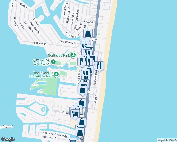 map of restaurants, bars, coffee shops, grocery stores, and more near 12601 Maryland 528 in Ocean City