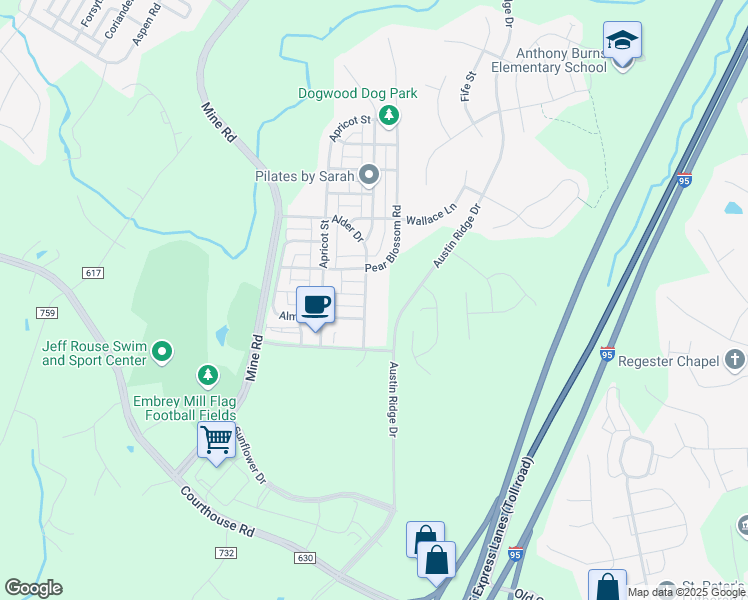 map of restaurants, bars, coffee shops, grocery stores, and more near 105 Sweetgum Court in Stafford