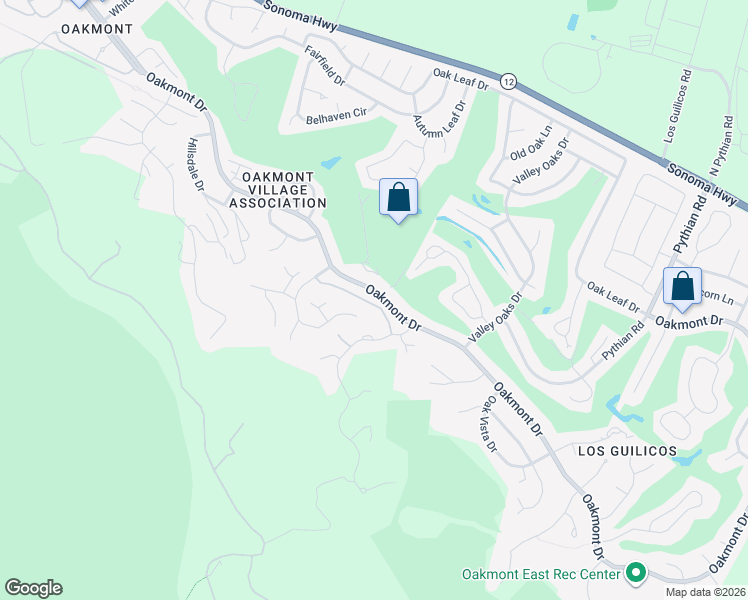 map of restaurants, bars, coffee shops, grocery stores, and more near 7119 Oak Mesa Drive in Santa Rosa