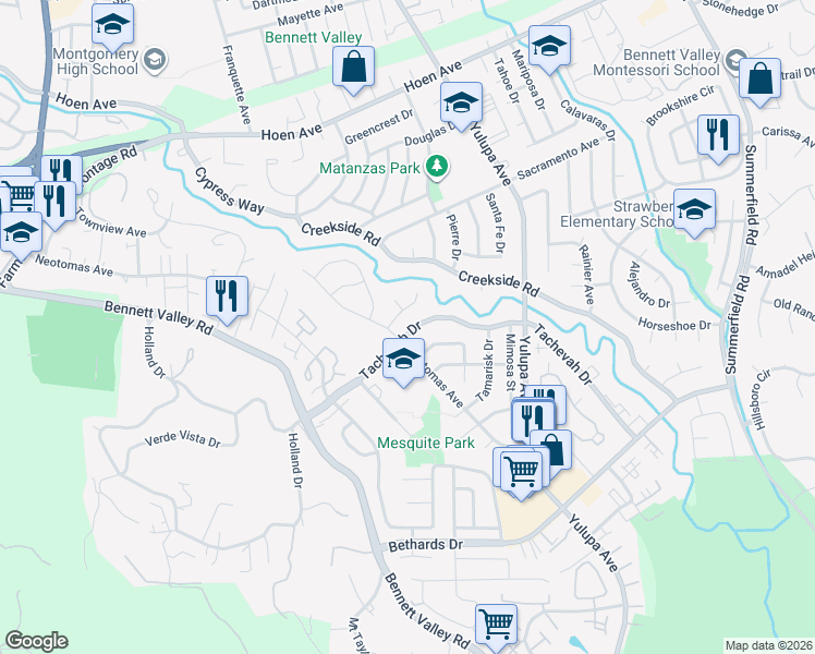 map of restaurants, bars, coffee shops, grocery stores, and more near 2527 Tachevah Drive in Santa Rosa