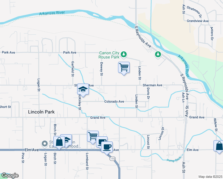 map of restaurants, bars, coffee shops, grocery stores, and more near 1542 Sherman Ave in Cañon City