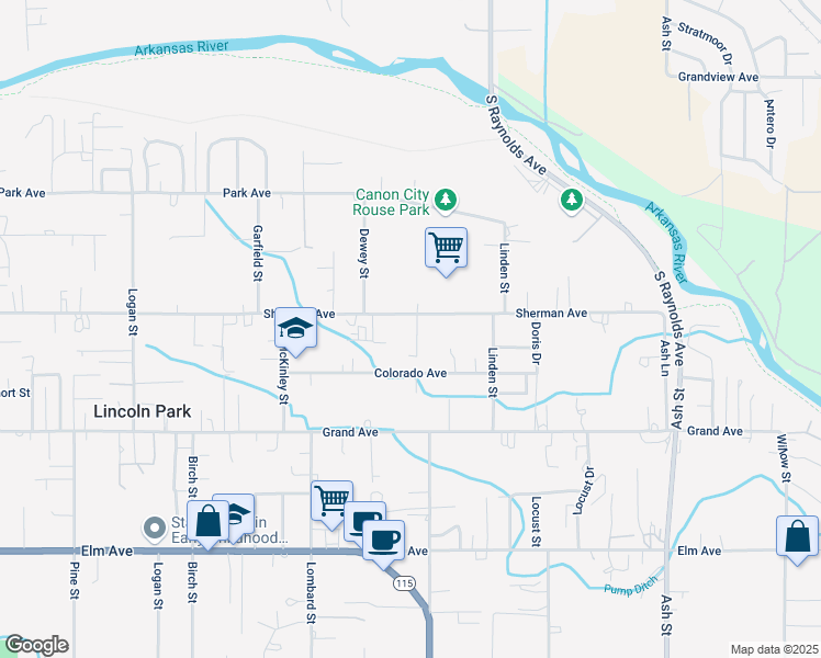 map of restaurants, bars, coffee shops, grocery stores, and more near 1542 Sherman Ave in Cañon City