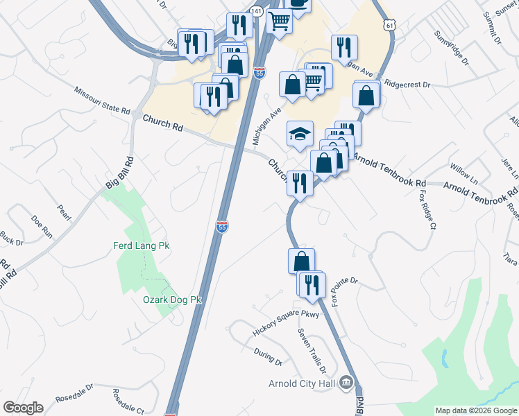 map of restaurants, bars, coffee shops, grocery stores, and more near 2461 Botanical Drive in Arnold