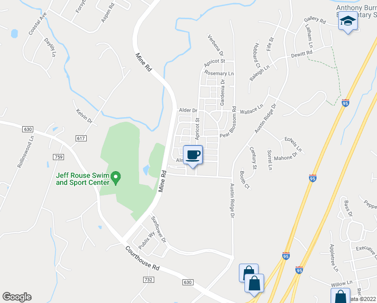 map of restaurants, bars, coffee shops, grocery stores, and more near 201 Freesia Lane in Stafford
