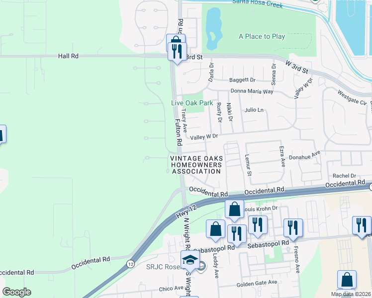 map of restaurants, bars, coffee shops, grocery stores, and more near 2445 San Sebastian Avenue in Santa Rosa