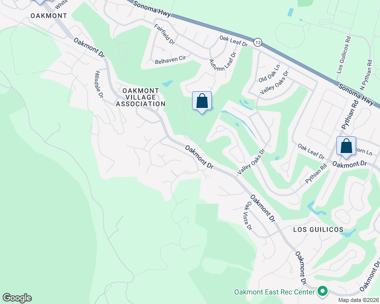 map of restaurants, bars, coffee shops, grocery stores, and more near 7119 Oak Mesa Drive in Santa Rosa
