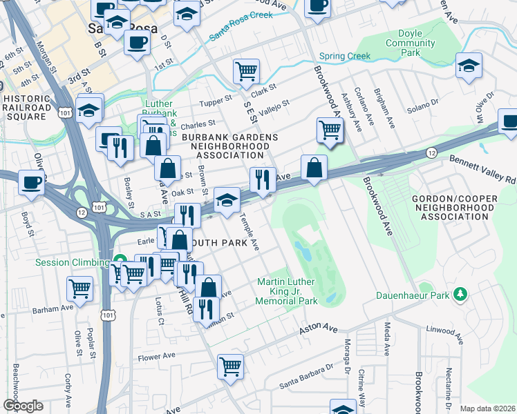 map of restaurants, bars, coffee shops, grocery stores, and more near 1014 Bennett Valley Road in Santa Rosa