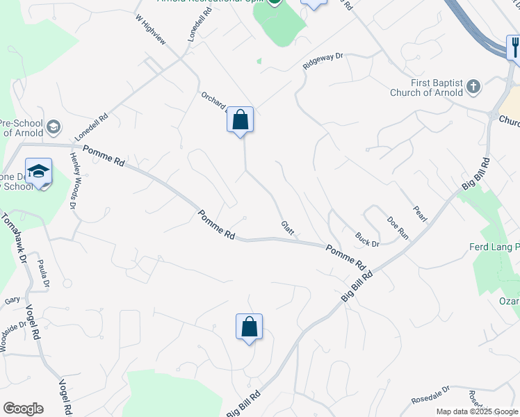 map of restaurants, bars, coffee shops, grocery stores, and more near in Arnold