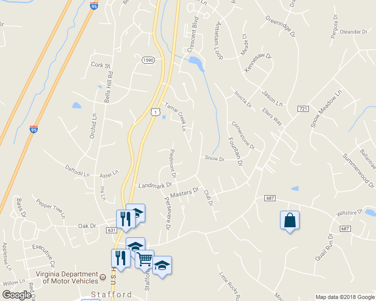 map of restaurants, bars, coffee shops, grocery stores, and more near 138 Tamar Creek Lane in Stafford