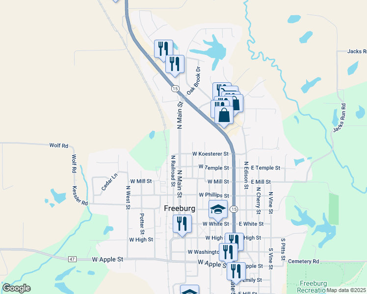 map of restaurants, bars, coffee shops, grocery stores, and more near 501 North Dewey Street in Freeburg