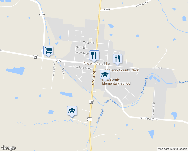 map of restaurants, bars, coffee shops, grocery stores, and more near 326 South Main Street in New Castle