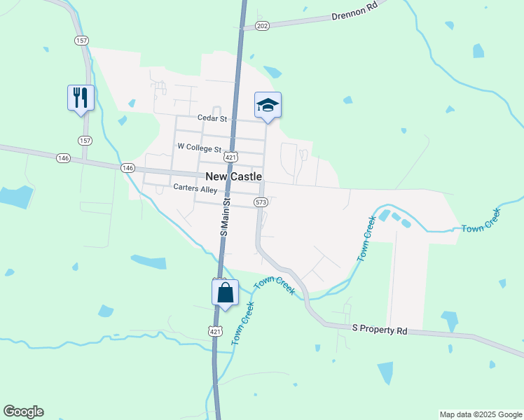 map of restaurants, bars, coffee shops, grocery stores, and more near 182 South Property Road in New Castle