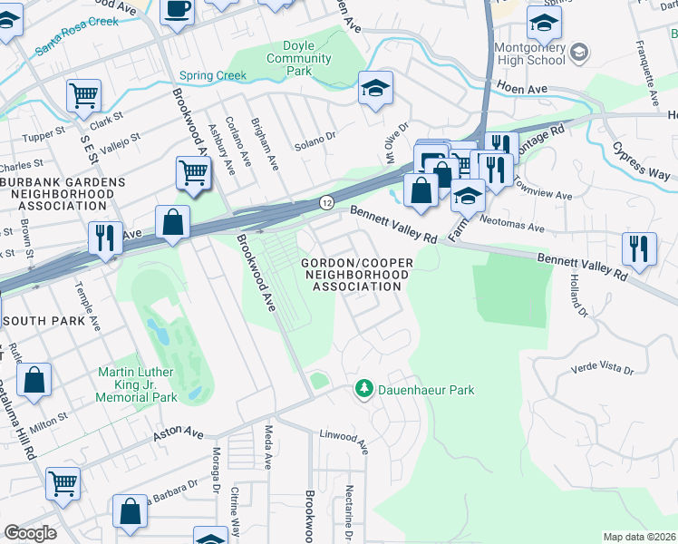 map of restaurants, bars, coffee shops, grocery stores, and more near 1120 Gordon Lane in Santa Rosa