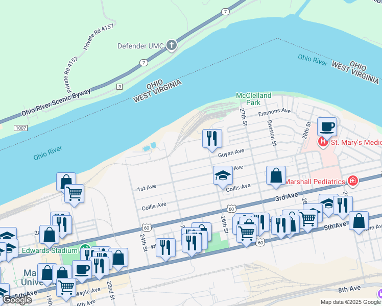 map of restaurants, bars, coffee shops, grocery stores, and more near 2546 Guyan Avenue in Huntington