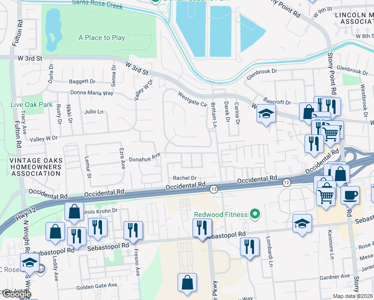 map of restaurants, bars, coffee shops, grocery stores, and more near 2191 Longhorn Circle in Santa Rosa