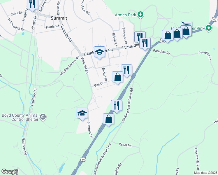 map of restaurants, bars, coffee shops, grocery stores, and more near 800 Sallie Drive in Ashland