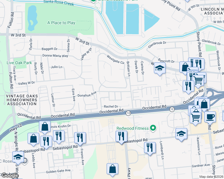 map of restaurants, bars, coffee shops, grocery stores, and more near 2191 Longhorn Circle in Santa Rosa