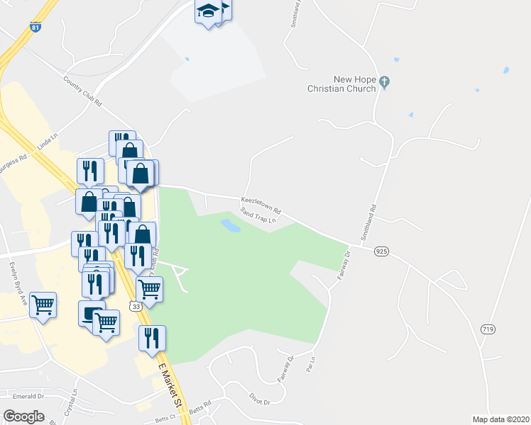 map of restaurants, bars, coffee shops, grocery stores, and more near 840 Sand Trap Lane in Harrisonburg