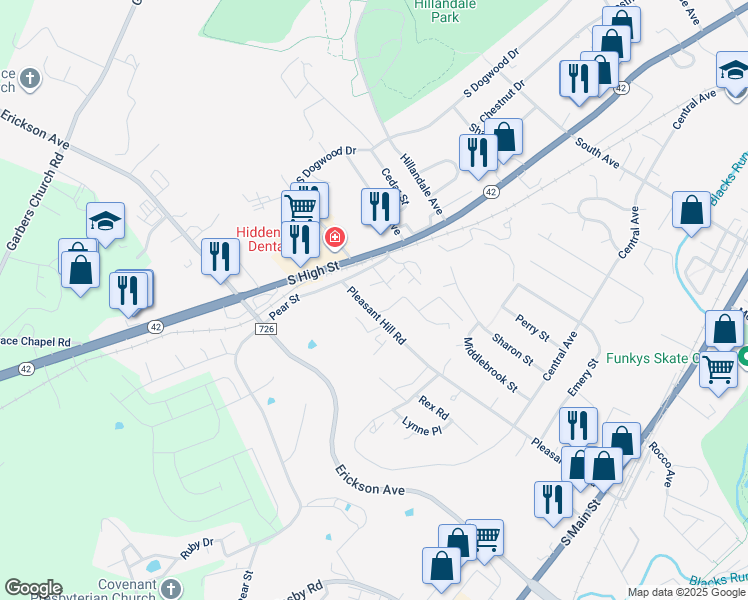 map of restaurants, bars, coffee shops, grocery stores, and more near 164 Pleasant Hill Road in Harrisonburg