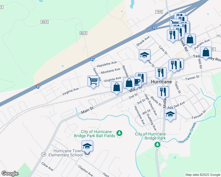 map of restaurants, bars, coffee shops, grocery stores, and more near 2613 Putnam Avenue in Hurricane