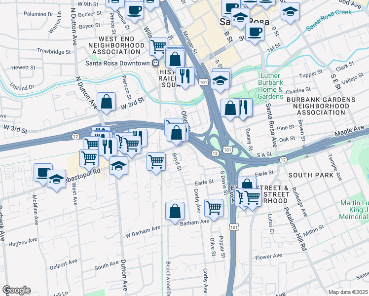 map of restaurants, bars, coffee shops, grocery stores, and more near 416 Hickory Circle in Santa Rosa