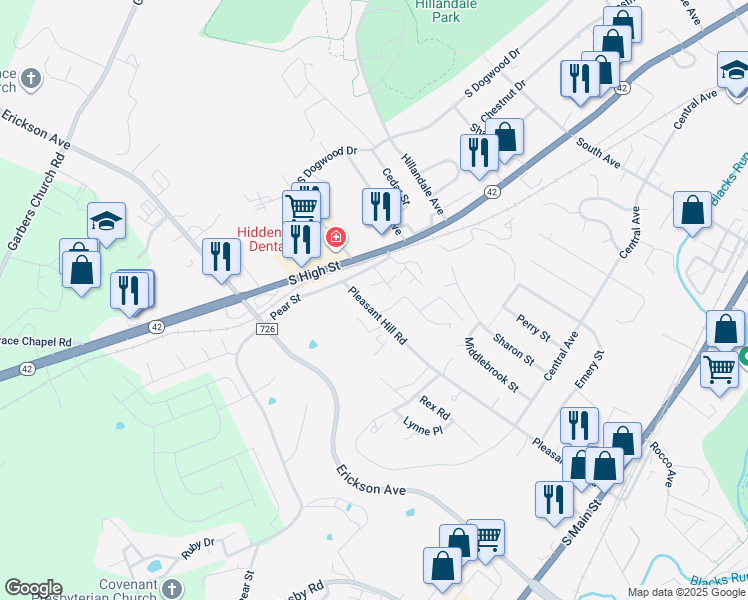 map of restaurants, bars, coffee shops, grocery stores, and more near 164 Pleasant Hill Road in Harrisonburg
