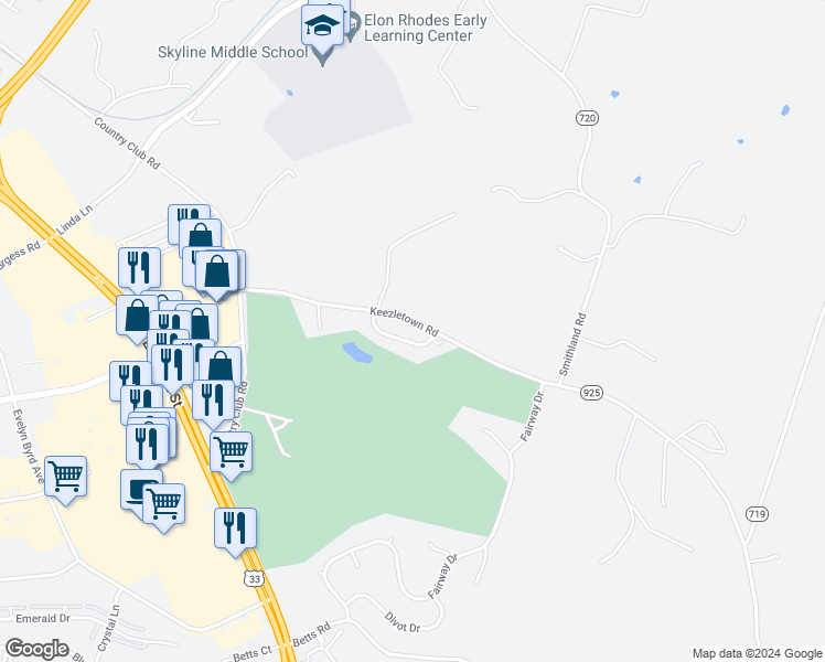 map of restaurants, bars, coffee shops, grocery stores, and more near 830 Sand Trap Lane in Harrisonburg