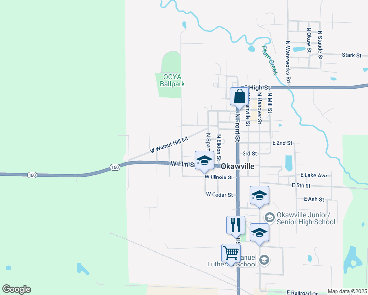 map of restaurants, bars, coffee shops, grocery stores, and more near 210 North Henrietta Street in Okawville