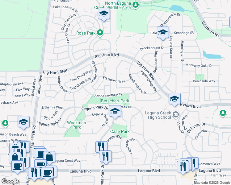 map of restaurants, bars, coffee shops, grocery stores, and more near 5901 Adobe Spring Way in Elk Grove