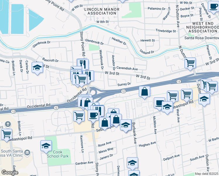 map of restaurants, bars, coffee shops, grocery stores, and more near 1582 Surrey Drive in Santa Rosa