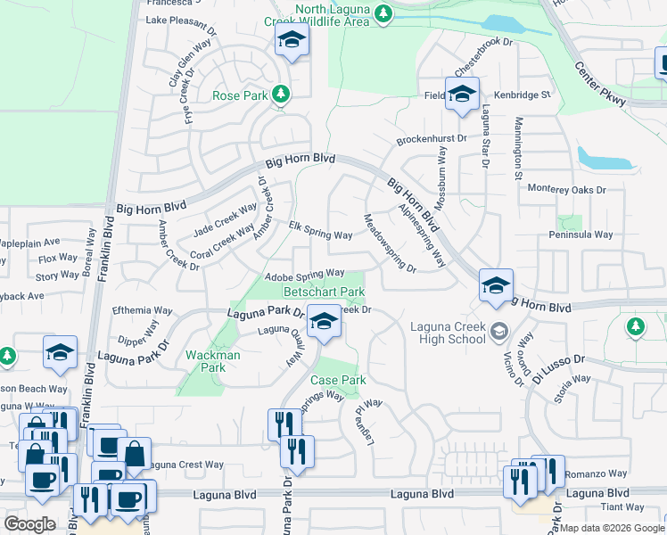 map of restaurants, bars, coffee shops, grocery stores, and more near 5901 Adobe Spring Way in Elk Grove