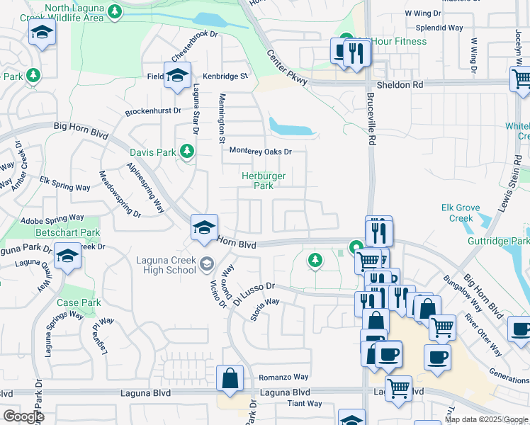 map of restaurants, bars, coffee shops, grocery stores, and more near 6753 Alamar Way in Elk Grove