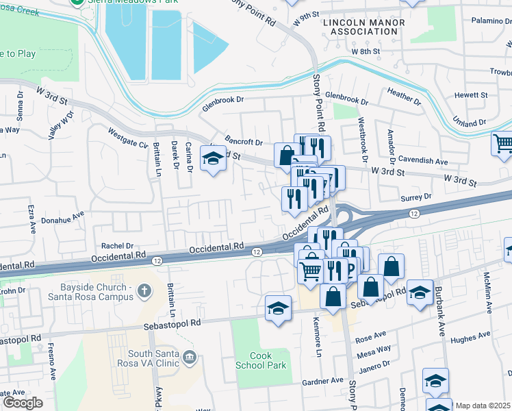 map of restaurants, bars, coffee shops, grocery stores, and more near 290 Harvest Lane in Santa Rosa