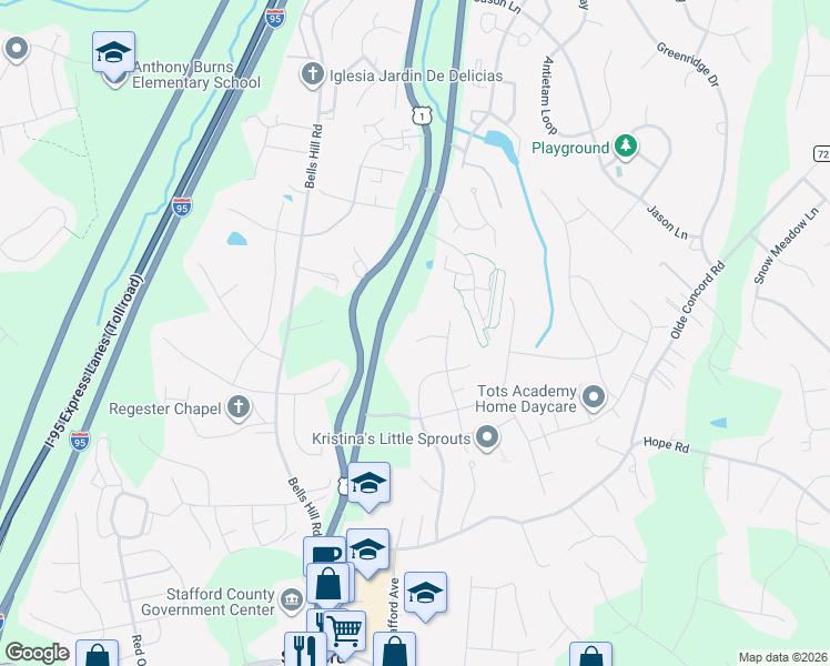 map of restaurants, bars, coffee shops, grocery stores, and more near 10 Sawgrass Court in Stafford