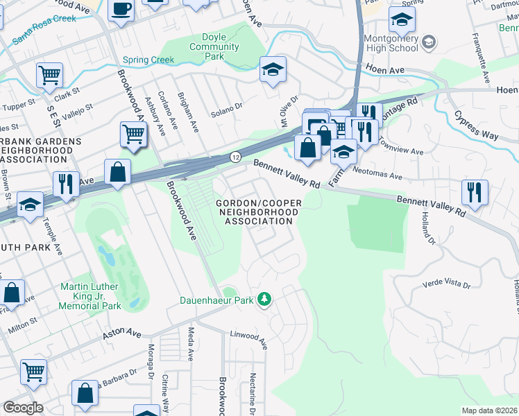 map of restaurants, bars, coffee shops, grocery stores, and more near 1130 Gordon Lane in Santa Rosa