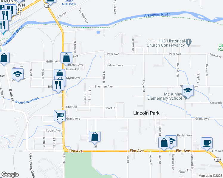 map of restaurants, bars, coffee shops, grocery stores, and more near 1210 Sherman Avenue in Cañon City