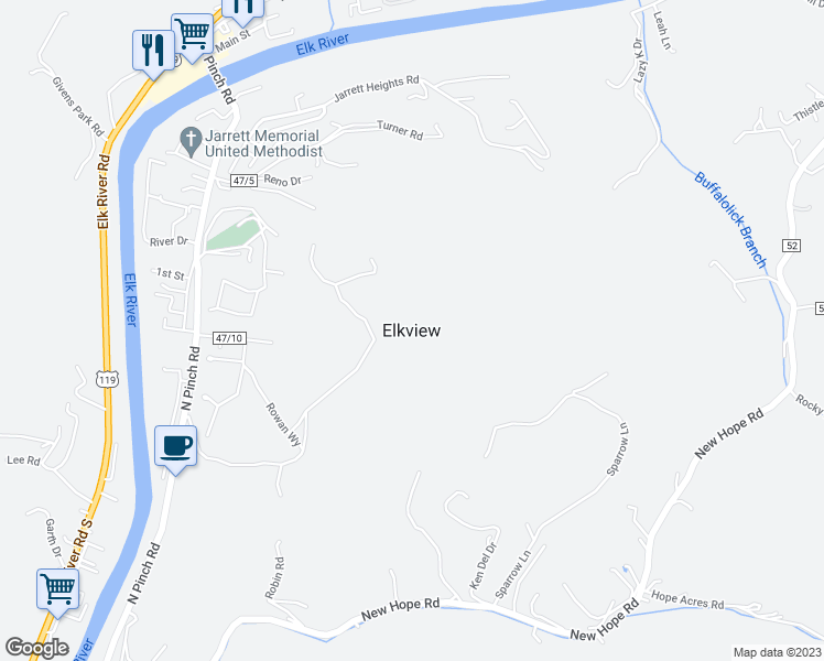 map of restaurants, bars, coffee shops, grocery stores, and more near in Elkview