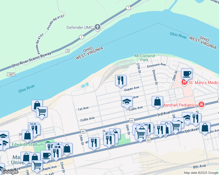 map of restaurants, bars, coffee shops, grocery stores, and more near 2546 Guyan Avenue in Huntington