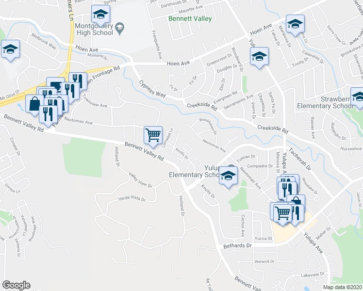 map of restaurants, bars, coffee shops, grocery stores, and more near 1916 Knolls Drive in Santa Rosa